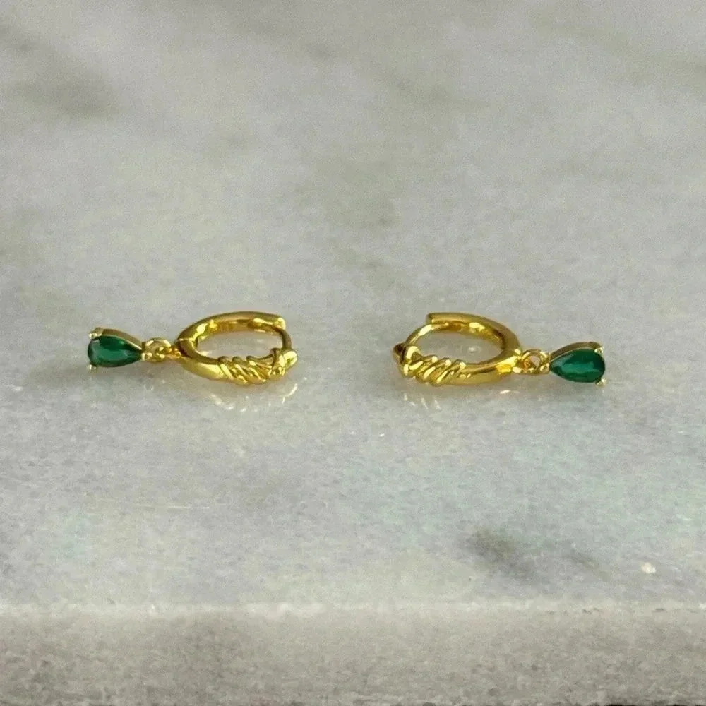 Gold Green Crystal Tear Drop Twist Huggie Hoop Earrings 

Brand New